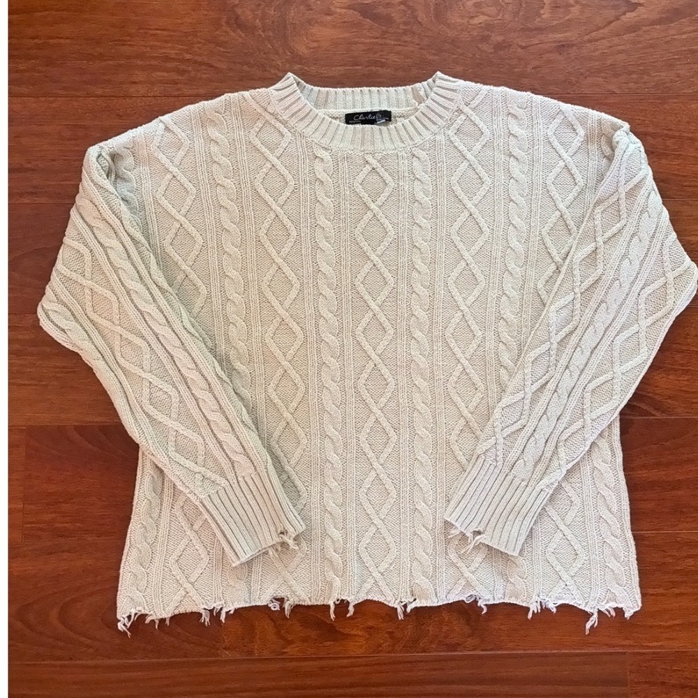 Charlie B Womens Cable Knit Sweater Size Large Cream Distressed Frayed Hem Beige